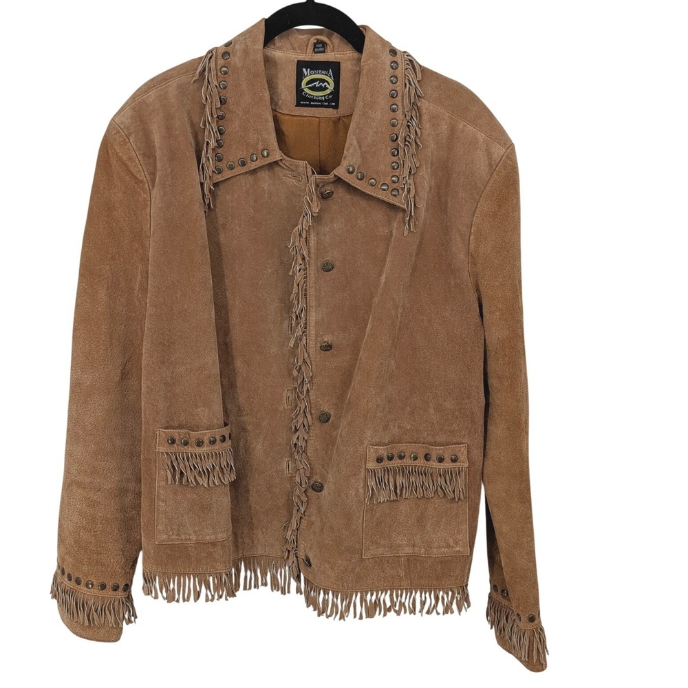 Montana Clothing Co Leather Jacket Women M Brown Suede Fringe Studded Western